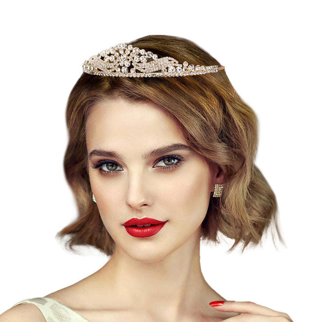 Gold Glass Crystal Pageant Queen Tiara, this tiara features precious look and an artistic design. Perfect for adding just the right amount of shimmer & shine, will add a touch of class, beauty and style to your special events. Suitable for Wedding, Engagement, Prom, Dinner Party, Birthday Party, Any Occasion You Want to Be More Charming.