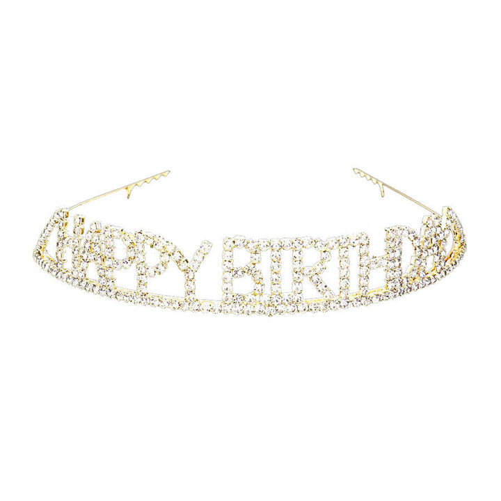 Gold Happy Birthday Rhinestone Pave Party Tiara. Turn any cake into a royal treat for your daughter's princess themed birthday party with this Tiara. Ideal for dolling up the guest of honor on her special day, this party tiara also makes a fun cake decoration. Add it to a gift for the birthday girl or lay it at her place setting to be donned right before she blows out the candles on her birthday cake.