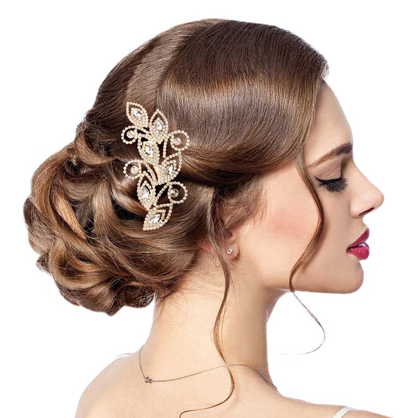 Gold Marquise Stone Accented Hair Comb, elevate any ensemble with this glamorous hair comb, featuring a marquise stone centerpiece and delicate mesh accents. The beautifully crafted design hair comb adds a gorgeous glow to any special outfit. These are Perfect Anniversary Gifts, and also ideal for any special occasion.