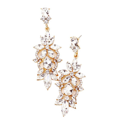 Gold Marquise Stone Flower Accented Evening Earrings, looks like the ultimate fashionista with these evening earrings! The perfect sparkling earrings adds a sophisticated & stylish glow to any outfit. Ideal for parties, weddings, graduation, prom, holidays, pair these earrings with any ensemble for a polished look.