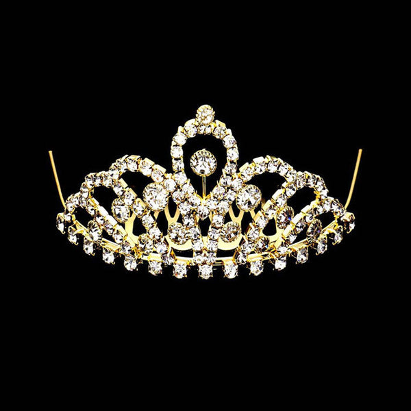 Gold Mini Crystal Rhinestone Pave Princess Tiara, this crystal rhinestone tiara is a classic royal tiara made from gorgeous rhinestone that reveals the epitome of elegance and bridal luxury, and grace. This unique Hair Jewelry is suitable for any special occasion such as weddings, engagements, proms, evenings, It is the perfect compliment that will make your whole wedding dress look come to life. Show your royalty with this Princess Tiara.