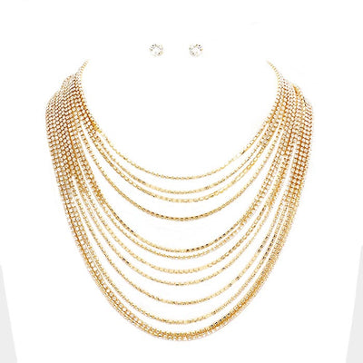 Gold Multi Layered Rhinestone Bib Evening Necklace, get ready with this Evening Necklace to receive the best compliments on any special occasion. Put on a pop of color to complete your ensemble and make you stand out on special occasions. Awesome gift for birthdays, anniversaries, Valentine’s Day, or any special occasion.