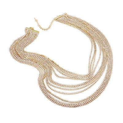 Gold Multi Layered Rhinestone Bib Evening Necklace, get ready with this Evening Necklace to receive the best compliments on any special occasion. Put on a pop of color to complete your ensemble and make you stand out on special occasions. Awesome gift for birthdays, anniversaries, Valentine’s Day, or any special occasion.