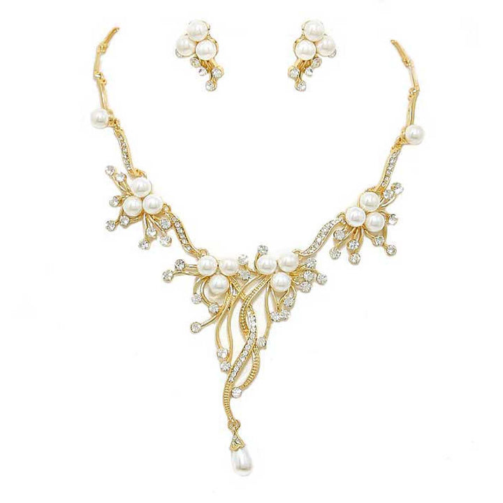 Gold Pearl Accented Floral Rhinestone Necklace. Get ready with these pearl necklace, put on a pop of shine to complete your ensemble. Perfect for adding just the right amount of shimmer and a touch of class to special events. These classy necklaces are perfect for Party, Wedding and Evening. Awesome gift for birthday, Anniversary, Valentine‚Äôs Day or any special occasion.