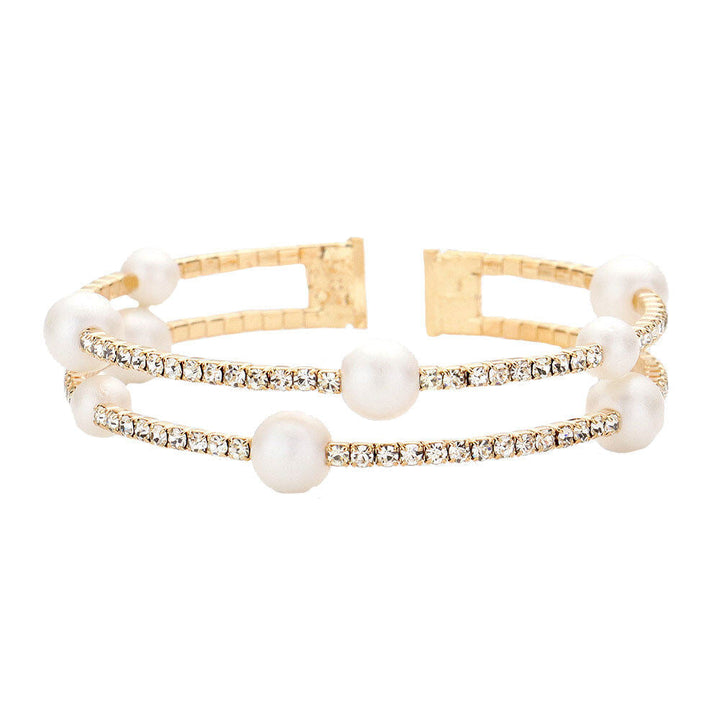Gold Pearl Accented Rhinestone Split Cuff Bangle Bracelet Special Occasion. Rows of dazzling rhinestones & an open end for easy flexible fit. Get cuffed with glitz & glam in this sparkling crystal cuff! Birthday Gift, Christmas GIft, Prom, Weddings, Quinceanera, Graduation, Holiday Parties, Regalo Navidad, Regalo Cumpleanos