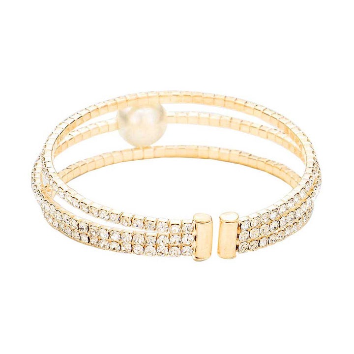 Gold Pearl Accented Split Rhinestone Evening Cuff Bracelet. These gorgeous rhinestone pieces will show your class in any special occasion. The elegance of these rhinestone goes unmatched, great for wearing at a party! Perfect jewelry to enhance your look. Awesome gift for birthday, Anniversary, Valentine’s Day or any special occasion.