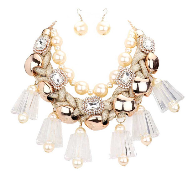 Gold Pearl Chunky Lucite Cord Braided Statement Necklace. These gorgeous Pearl pieces will show your class in any special occasion. The elegance of these pearl goes unmatched, great for wearing at a party! Perfect jewelry to enhance your look. Awesome gift for birthday, Anniversary, Valentine’s Day or any special occasion.