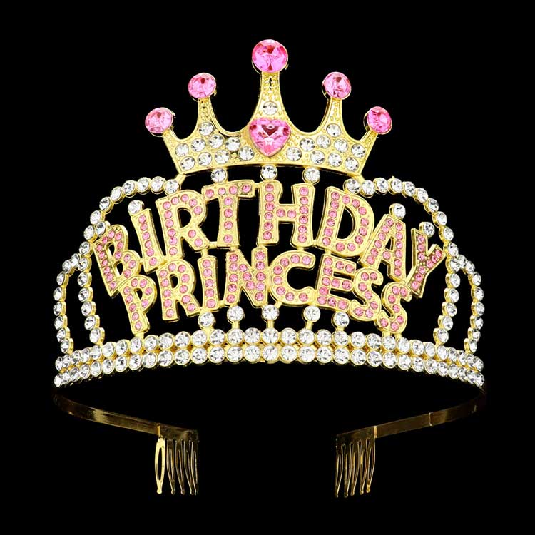 Gold-Pin Rhinestone Tiara features a pointed design adorned with sparkling rhinestones and a "BIRTHDAY PRINCESS" message. Perfect for birthday celebrations, this tiara adds a touch of elegance and royalty to any outfit. Make a statement at your next birthday event with this stunning tiara.