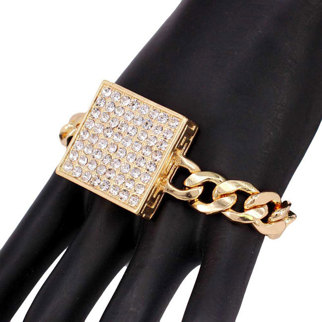 Gold Rhinestone Embellished Square Pendant Metal Link Bracelet. These Metal bracelets are easy to put on, take off and so comfortable for daily wear. Pair these with tee and jeans and you are good to go. It will be your new favorite go-to accessory. Perfect Birthday gift, friendship day, Mother's Day, Graduation Gift.