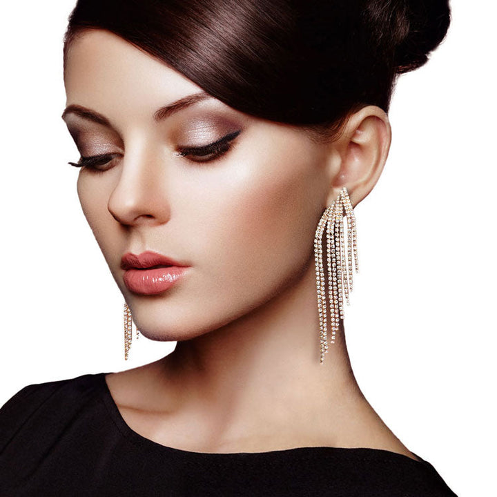 Gold Rhinestone Fringe Dangle Evening Earrings. These earrings Look as regal on the outside as you feel on the inside, feel absolutely flawless. Fabulous fashion and sleek style adds a pop of pretty color to your attire, coordinate with any ensemble from business casual to everyday wear.  Perfect Birthday Gift, Anniversary Gift, Mother's Day Gift, Thank you Gift.