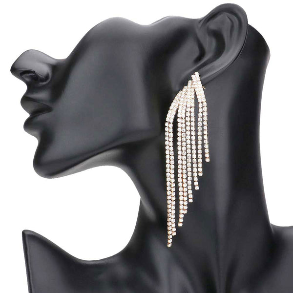 Gold Rhinestone Fringe Dangle Evening Earrings. These earrings Look as regal on the outside as you feel on the inside, feel absolutely flawless. Fabulous fashion and sleek style adds a pop of pretty color to your attire, coordinate with any ensemble from business casual to everyday wear.  Perfect Birthday Gift, Anniversary Gift, Mother's Day Gift, Thank you Gift.