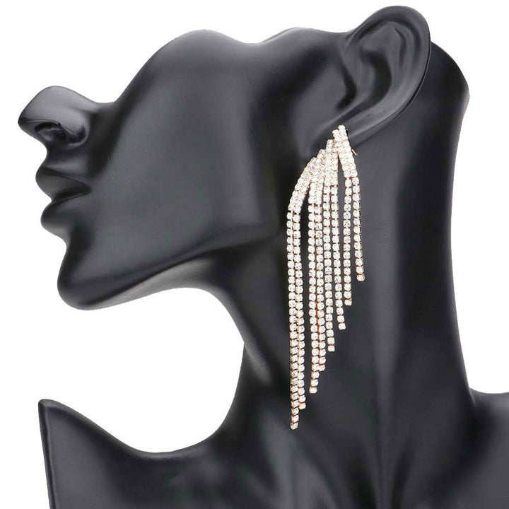 Gold Rhinestone Fringe Dangle Evening Earrings. These earrings Look as regal on the outside as you feel on the inside, feel absolutely flawless. Fabulous fashion and sleek style adds a pop of pretty color to your attire, coordinate with any ensemble from business casual to everyday wear.  Perfect Birthday Gift, Anniversary Gift, Mother's Day Gift, Thank you Gift.