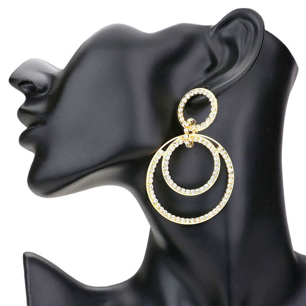 Gold Rhinestone Pave Double Open Circle Dangle Evening Earrings. These earrings Look as regal on the outside as you feel on the inside, feel absolutely flawless. Fabulous fashion and sleek style adds a pop of pretty color to your attire, match these dangle earrings with any ensemble for a polished look. pair perfectly with any ensemble from business casual, to night out on the town or a black-tie party.