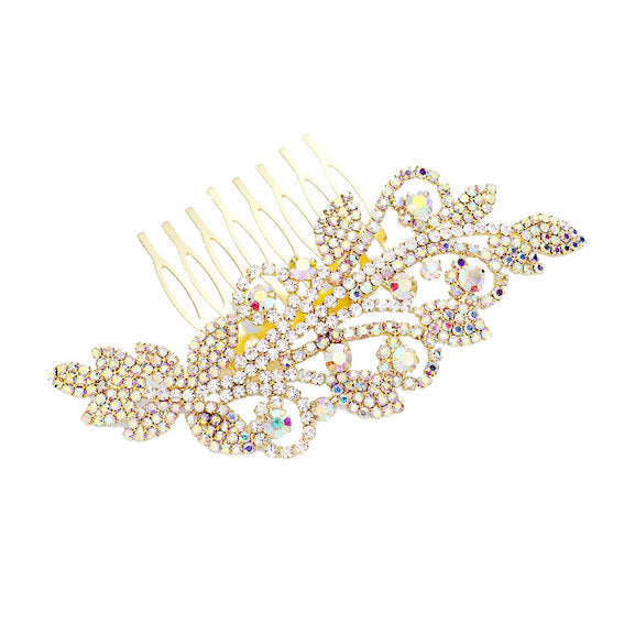 Gold Rhinestone Pave Accent Sprout Crystal Leaf Detail Statement Hair Comb, Perfect for adding just the right amount of shimmer & shine with a touch of class. Add beauty & style to your wedding, prom, and special events. Embellished glass crystal to keep your hair sparkling all day & night long. Perfect for Prom & Weddings