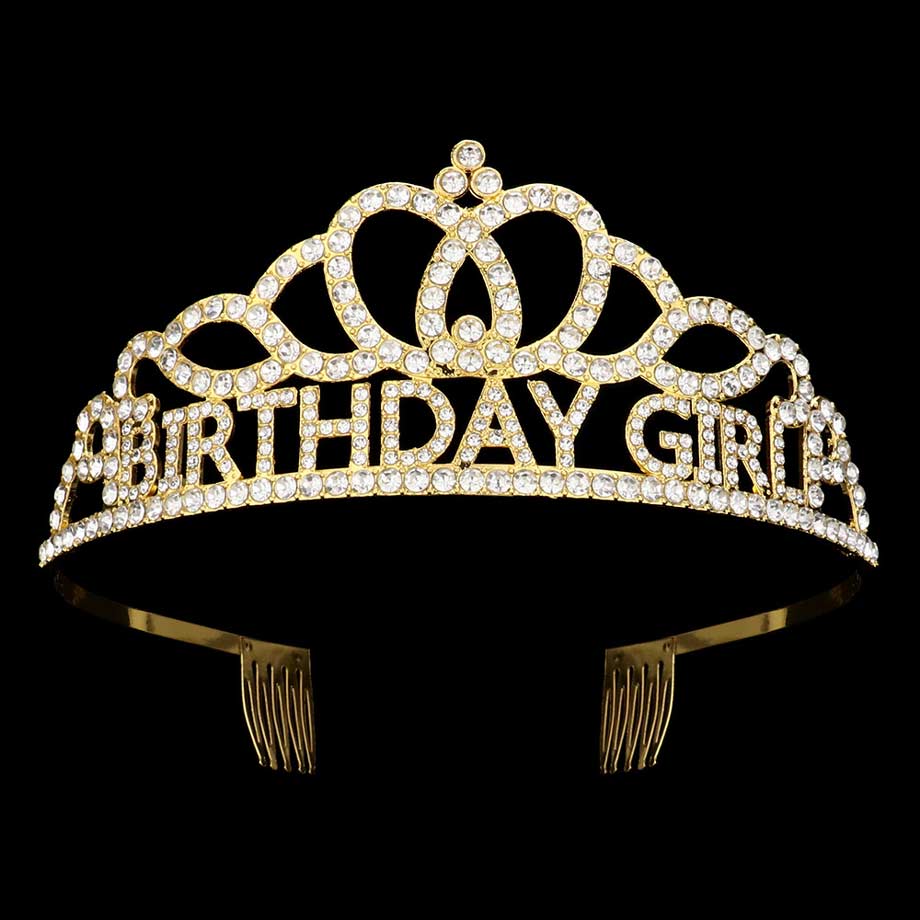 Gold-Rhinestone Paved Princess Tiara features a BIRTHDAY GIRL message, perfect for any special occasion. The sparkling rhinestones add an elegant touch, making you feel like a true princess on your special day. Elevate your look and celebrate in style with this stunning tiara.