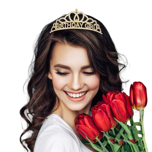 Gold-Rhinestone Paved Princess Tiara features a BIRTHDAY GIRL message, perfect for any special occasion. The sparkling rhinestones add an elegant touch, making you feel like a true princess on your special day. Elevate your look and celebrate in style with this stunning tiara.