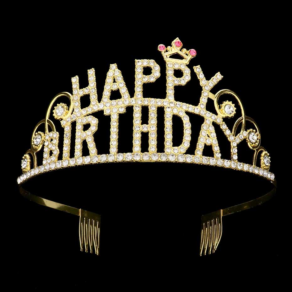 Gold-Rhinestone Paved HAPPY BIRTHDAY Message Princess Tiara,Perfect accessory for a birthday celebration! Made with sparkling rhinestones, it features a delicate "HAPPY BIRTHDAY" message. Make her feel like royalty on her special day with this dazzling tiara.Makes you more eye-catching at special events and wherever you go.