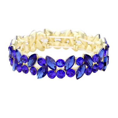 Gold Sapphire Glass Crystal Marquise Stone Cluster Stretch Bracelet, Get ready with these Rhinestone Coil Bracelet, put on a pop of color to complete your ensemble. Perfect for adding just the right amount of shimmer & shine and a touch of class to special events. Perfect Birthday Gift, Anniversary Gift, Mother's Day Gift.