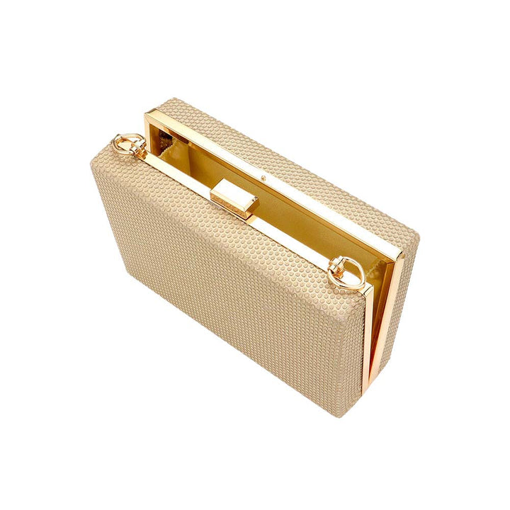 Gold Shimmery Rectangle Evening Clutch Crossbody Bag, This shimmery evening clutch crossbody bag is featuring a bright, sparkly finish giving. This is the perfect evening for any fancy or formal occasion when you want to accessorize your dress, or evening attire during a wedding, bridesmaid bag, formal, or on date night.