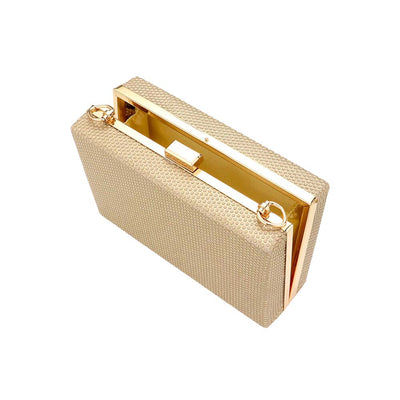 Gold Shimmery Rectangle Evening Clutch Crossbody Bag, This shimmery evening clutch crossbody bag is featuring a bright, sparkly finish giving. This is the perfect evening for any fancy or formal occasion when you want to accessorize your dress, or evening attire during a wedding, bridesmaid bag, formal, or on date night.