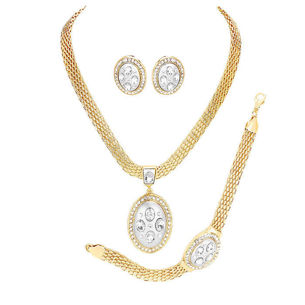 Gold Silver Marquise Rhinestone Trim Oval Dangle Necklace Jewelry Set, dare to dazzle with this bejeweled jewelry set, designed to accent the neckline, which are a perfect way to add sparkle to everything, showing off your elegance. Wear together or separate according to your event. Perfect Gift, Birthday, Anniversary, Prom, Mother's Day Gift, Sweet 16, Wedding, Quinceanera