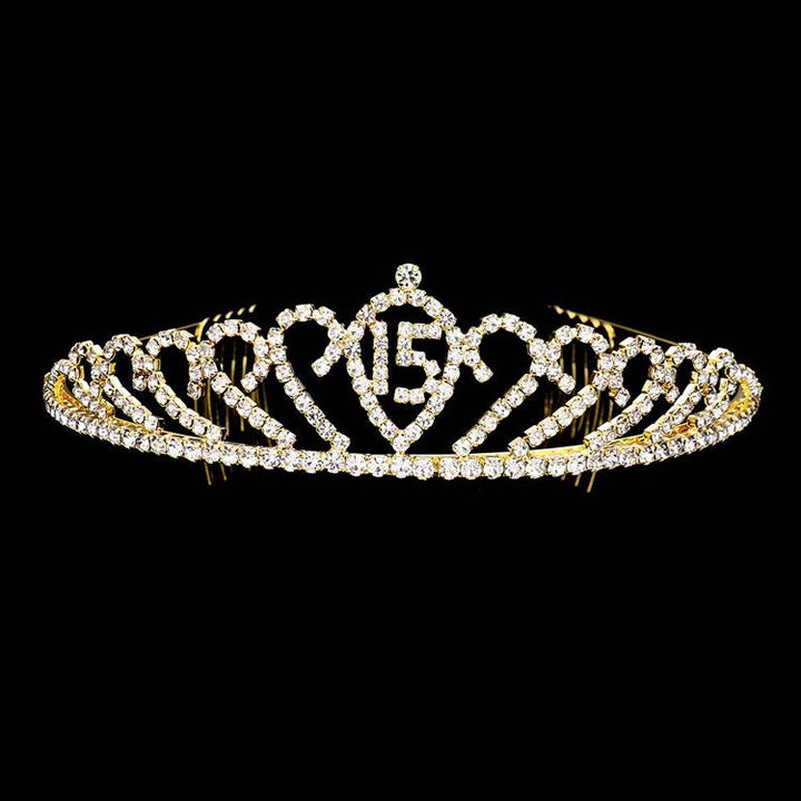 Gold Sweet 15 Rhinestone Princess Tiara. The wedding tiara is a classic royal tiara made from gorgeous rhinestone is the epitome of elegance and bridal luxury and grace. Unique Hair Jewelry is suitable for any special occasions such as wedding engagement,prom,evening,etc.It's the most exquisite gift for the bride to be.It as the perfect complement will make your whole wedding dress look come to life.