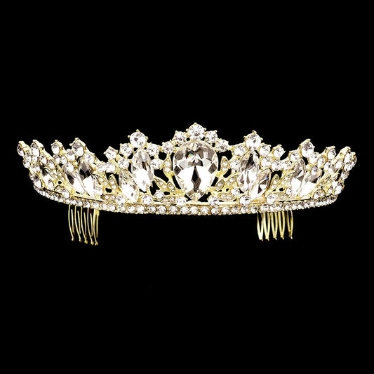 Gold Teardrop Marquise Stone Accented Princess Tiara, this tiara features precious stones and an artistic design. Makes you more eye-catching in the crowd. She will be instantly transformed into a fairytale princess. A stunning teardrop stone tiara that can be a perfect bridal headpiece. This hair accessory is really beautiful, pretty, and lightweight. 