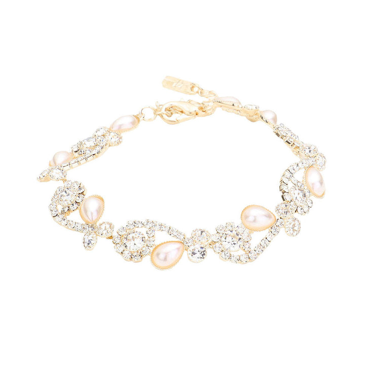 Gold Teardrop Pearl Detail Rhinestone Pave Floral Evening Bracelet, put on a pop of color to complete your ensemble. Perfect for adding just the right amount of shimmer & shine and a touch of class to special events. Perfect Birthday Gift, Anniversary Gift, Mother's Day Gift, Graduation Gift, Valentine’s Gift.