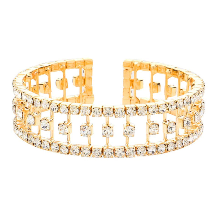Gold Trendy Brass Metal Rhinestone Cuff Evening Bracelet, get ready with this rhinestone bracelet to receive the best compliments on any special occasion. Put on a pop of color to complete your ensemble and make you stand out on special occasions. Awesome gift for anniversaries, Valentine‚Äö√Ñ√¥s Day, or any special occasion.