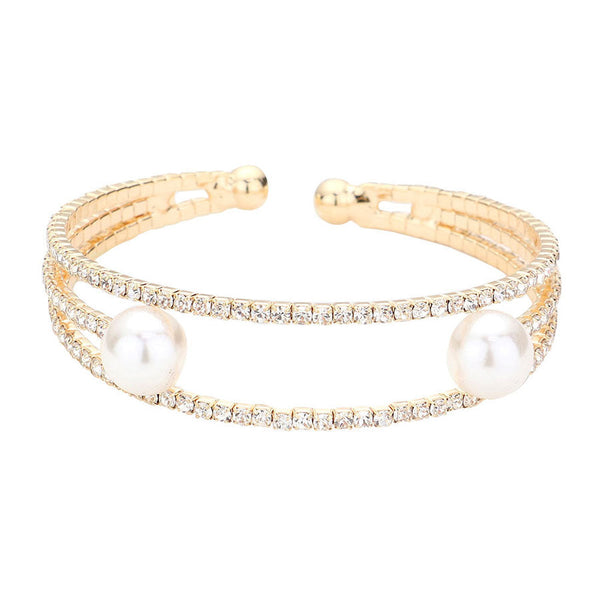 Gold Trendy Pearl Accented Split Rhinestone Cuff Evening Bracelet, The combination of rhinestone and Pearl adds a extra glow to your outfit. Pair these with tee and jeans and you are good to go. Jewelry that fits your lifestyle! It will be your new favorite go-to accessory. Perfect jewelry gift to expand a woman's fashion wardrobe with a classic, timeless style. Awesome gift for birthday, Anniversary, Valentine’s Day or any special occasion.