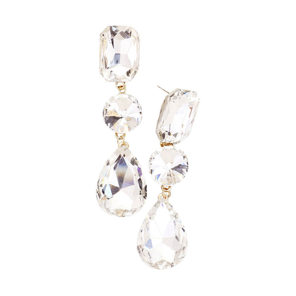 Gold Triple Crystal Rhinestone Evening Earrings. Elegance becomes you in these shiny glamorous Rhinestone earrings, the perfect sparkling accessory to add some sophisticated fun to your next social event. Coordinate this evening earrings with any ensemble from business casual wear, the perfect addition to every outfit. Perfect Gift Birthday, Holiday, Christmas, Valentine's Day, Anniversary, Just Because gift.