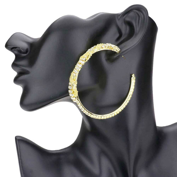 Gold Twisted Rhinestone & Metal Chain Hoop Earrings. Simple sophistication gives a lovely fashionable glow to any outfit style. Designed to enhance the earrings and add a gorgeous attractive shine to any clothing style. Perfect Birthday Gift, Anniversary Gift, Mother's Day Gift, Just Because Gift or Any Other Events.