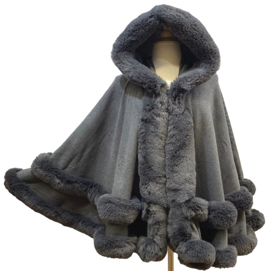 Elegant 2 Row Faux Fur Trim Knit Poncho Ruana Cape