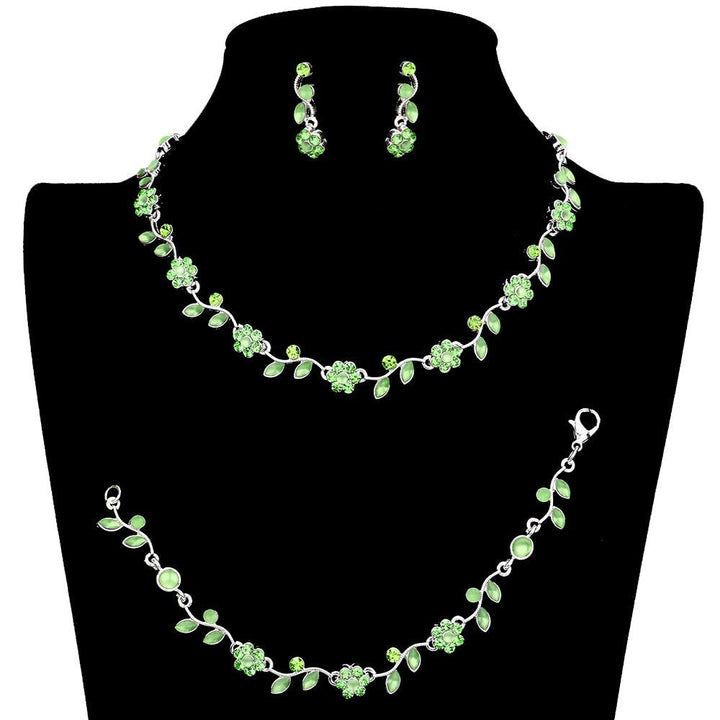 Green 3PCS Flower Leaf Cluster Rhinestone Necklace Jewelry Set, These gorgeous Rhinestone pieces will show your class on any special occasion. The elegance of these rhinestones goes unmatched. Get ready with these bright stunning fashion Jewelry sets, and put on a pop of shine to complete your ensemble. Simple sophistication gives a lovely fashionable glow to any outfit style. Simple sophistication, dazzling polished, is a timeless beauty that makes a notable addition to your collection.