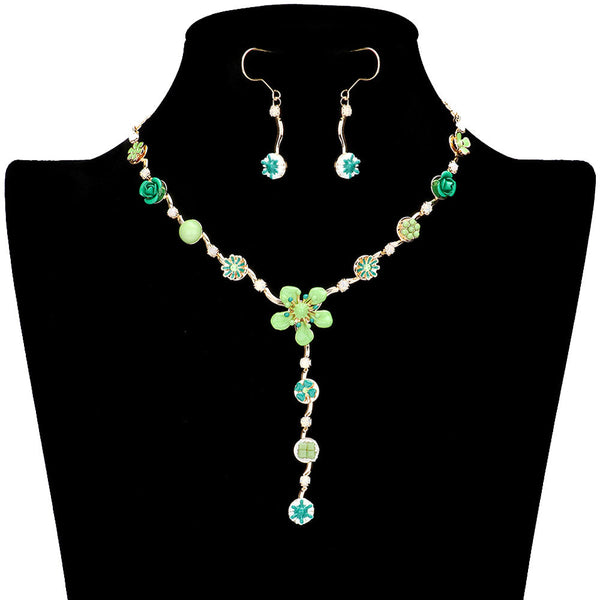 Green Enamel Flower Stone Embellished Y Choker Jewelry Set, This beautiful set offers a unique eye-catching piece crafted with quality materials for a striking addition to any look. The set is adorned with bright enamel flowers and glimmering stones for a chic and elegant look. Wear it and dazzle on any special occasion.