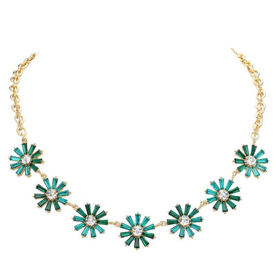 Green-Glass Stone Embellished Flower Cluster Link Necklace, Add a touch of elegance to your look with this necklace. The necklace features a cluster of stunning glass stones in the shape of a delicate flower, giving it a charming and feminine appeal. Perfect for both casual and formal occasions, perfect gift choice.