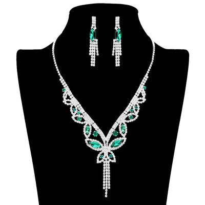 Green Marquise Round Stone Butterfly Rhinestone Jewelry Set, is crafted using marquise stones and delicate rhinestones, perfect for adding some sparkle to your look. The set includes an adjustable necklace, earrings, and bracelet, making it a perfect accessory for any special occasion outfit. Perfect gift idea.