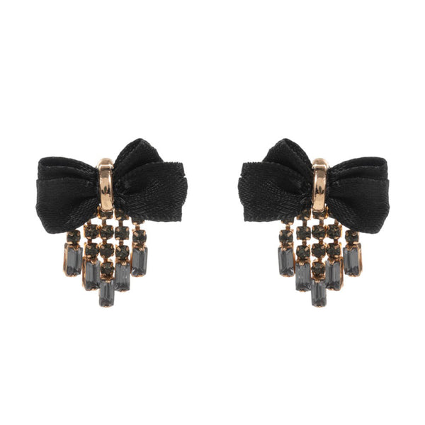 Jet Black Rhinestone Fringe Bow Earrings, Add a touch of glamour to your outfit with these fringe rhinestone earrings. The sparkling rhinestones catch the light for a dazzling effect, while the elegant bow design adds a touch of femininity. Perfect for a special occasion or to elevate your everyday style.