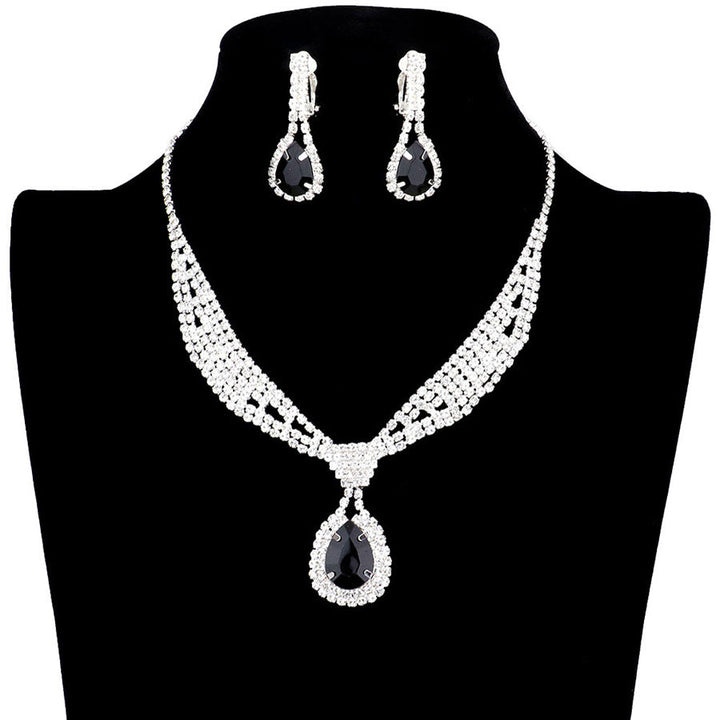 Jet Black Rhinestone Pave Teardrop Collar Necklace & Clip Earring Set, stunning jewelry set will sparkle all night long making you shine out like a diamond. perfect for a night out on the town or a black tie party, Perfect Gift, Birthday, Anniversary, Prom, Mother's Day Gift, Sweet 16, Wedding, Quinceanera, Bridesmaid.