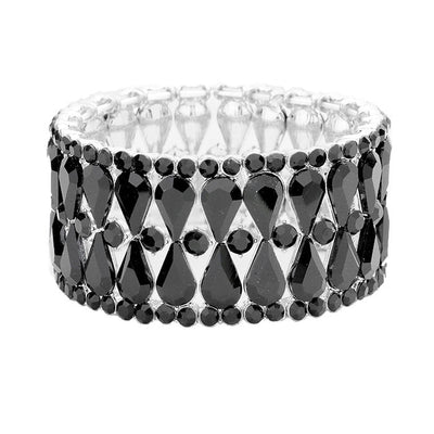 Jet Black Silver Teardrop Glass Stone Cluster Evening Stretch Bracelet; Look as regal on the outside as you feel on the inside, feel absolutely flawless. Fabulous fashion and sleek style adds a pop of pretty color to your attire, coordinate with any ensemble from business casual to everyday wear