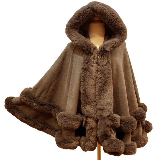 Elegant 2 Row Faux Fur Trim Knit Poncho Ruana Cape