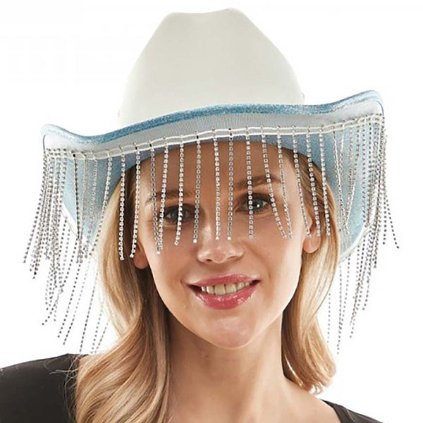 Light Blue Rhinestone Fringe Glittered Cowboy Hat, Large comfortable, and perfect for keeping the sun off of your face, neck, and shoulders. It looks so pretty, bright, and elegant at summer parties and special occasions. Perfect gifts for birthdays, Mother‚Äö√Ñ√¥s Day, anniversaries, holidays, Valentine‚Äö√Ñ√¥s Day, or any special occasion.