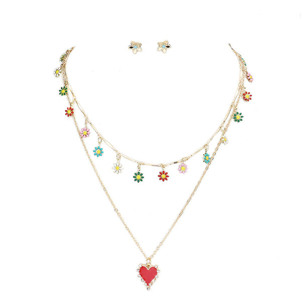 Multi Enamel Flower Station Rhinestone Trim Heart Pendant Necklaces. Beautifully crafted design adds a gorgeous glow to any outfit. Jewelry that fits your lifestyle! Perfect Birthday Gift, Anniversary Gift, Mother's Day Gift, Anniversary Gift, Graduation Gift, Prom Jewelry, Just Because Gift, Thank you Gift.