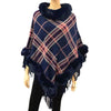 Faux Fur Trim Classic Plaid Pattern Fringe Poncho Ruana