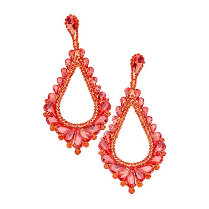 Orange Oversized Cut Out Cluster Vine Teardrop Statement Evening Earrings; ideal for parties, weddings, graduation, prom, holidays, pair these exquisite crystal earrings with any ensemble for an elegant, poised look. Birthday Gift, Mother's Day Gift, Anniversary Gift, Quinceanera, Sweet 16, Bridesmaid, Bride, Milestone Gift