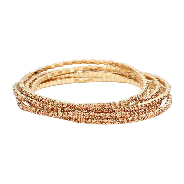 Peach 6PCS - Rhinestone Multi Layered Stretch Evening Bracelets, Perfect for a formal event or adding some glam to your everyday look. The sparkling rhinestones will catch the light and make you shine! Get ready to turn heads and feel confident with each wear. The ideal choice for making a lovely gift to your loved ones.