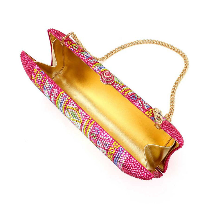 Pink Bling Aztec Print Evening Clutch Bag. Crafted from high-quality material, this sleek bag features an eye-catching Aztec print with a hint of sparkle. Perfect for adding a touch of sophistication to any special occasion. A great occasional gift idea for fashion-loving friends and family members.