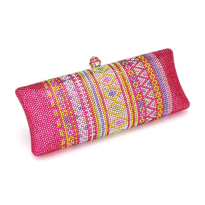 Pink Bling Aztec Print Evening Clutch Bag. Crafted from high-quality material, this sleek bag features an eye-catching Aztec print with a hint of sparkle. Perfect for adding a touch of sophistication to any special occasion. A great occasional gift idea for fashion-loving friends and family members.