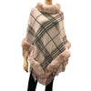 Faux Fur Trim Classic Plaid Pattern Fringe Poncho Ruana