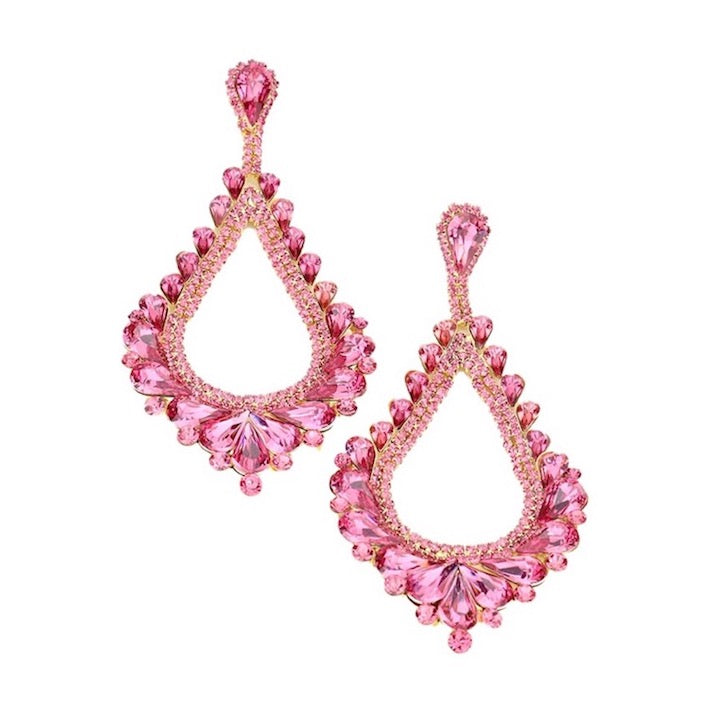 Pink Oversized Cut Out Cluster Vine Teardrop Statement Evening Earrings; ideal for parties, weddings, graduation, prom, holidays, pair these exquisite crystal earrings with any ensemble for an elegant, poised look. Birthday Gift, Mother's Day Gift, Anniversary Gift, Quinceanera, Sweet 16, Bridesmaid, Bride, Milestone Gift